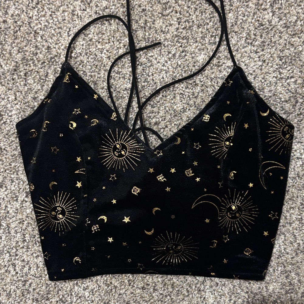 Velvet Black and Gold Celestial Crop Women's Top: Festival Vibes